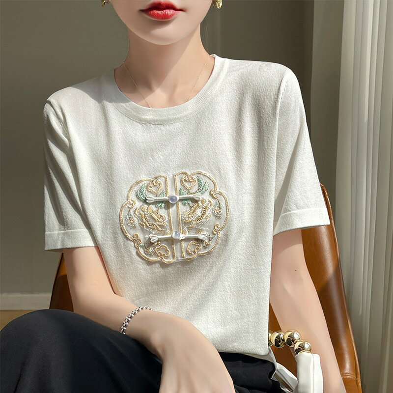 現貨+預購 T恤短袖上衣-中式刺繡曲珠冰絲女裝2色74lc66【獨家進口】【米蘭精品】