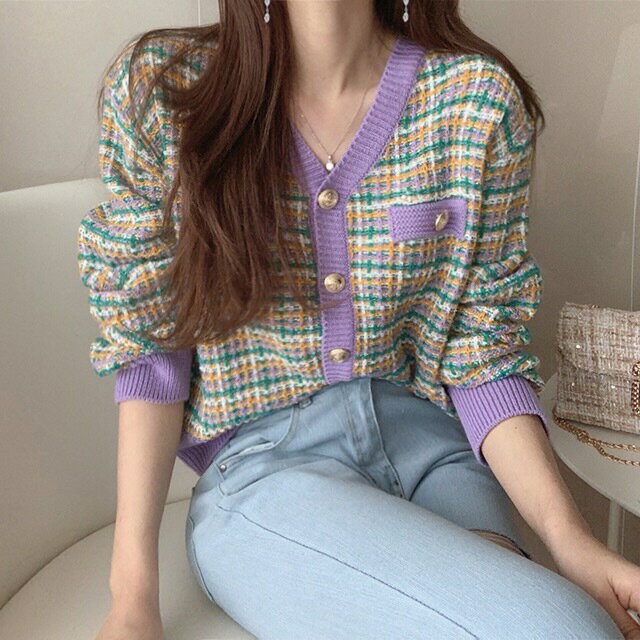 楓林宜居 韓國減齡復古彩色格子V領單排扣寬松長袖針織開衫毛衣外套女