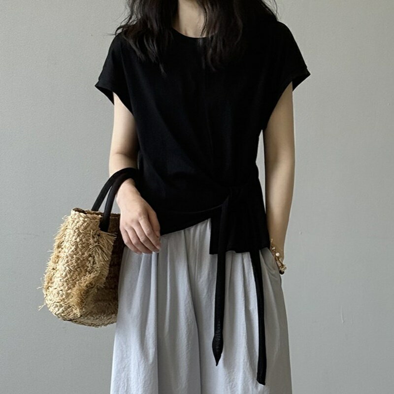 【米蘭精品】現貨+預購 法式短袖T恤短襯衫上衣親膚透氣美式休閒女裝-綁帶收腰女上衣3色74ma66