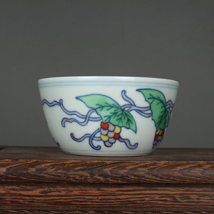 明成化青花斗彩手繪葡萄小缸杯茶杯 古玩古董陶瓷器仿古老貨收藏