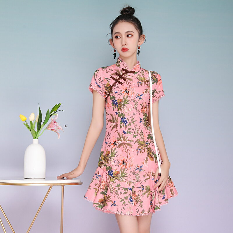 氣質顯瘦魚尾連衣裙夏季中國風日常年輕款改良旗袍裙