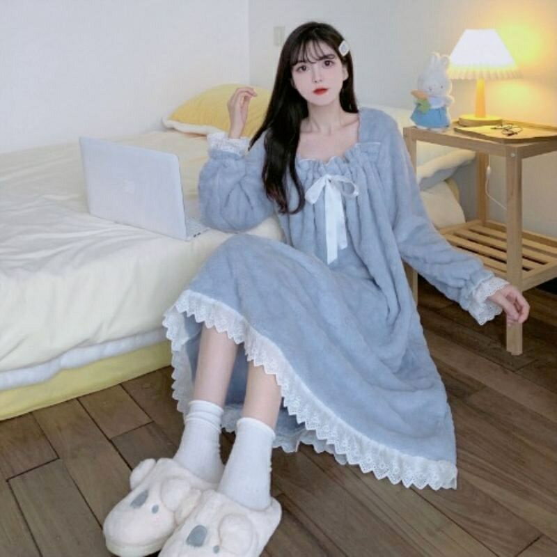 珊瑚絨睡衣女大尺碼冬季睡裙甜美可愛少女風純白刷毛女士外穿家居服