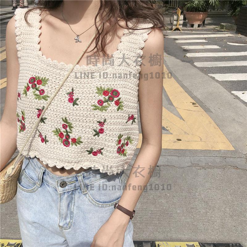 花朵刺繡小可愛針織背心泫雅風吊帶女夏寬鬆外穿無袖上衣短板性感露臍上衣【時尚大衣櫥】