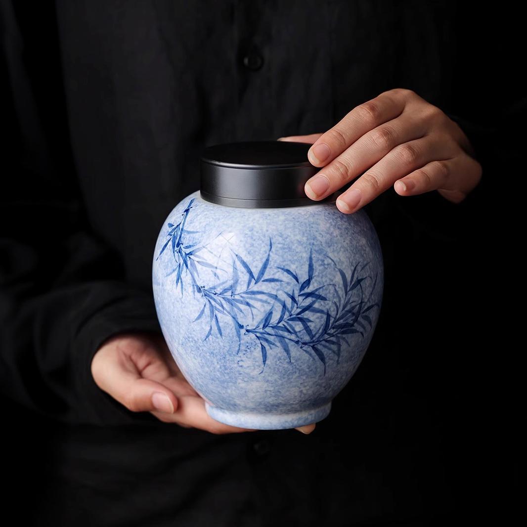 純手繪墨染青竹大圓茶葉罐三件式鋁製蓋家用大號陶瓷防潮密封茶葉