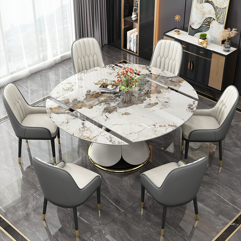桌子 旋轉可伸縮巖板餐桌椅組合家用客廳圓形多功能小戶型