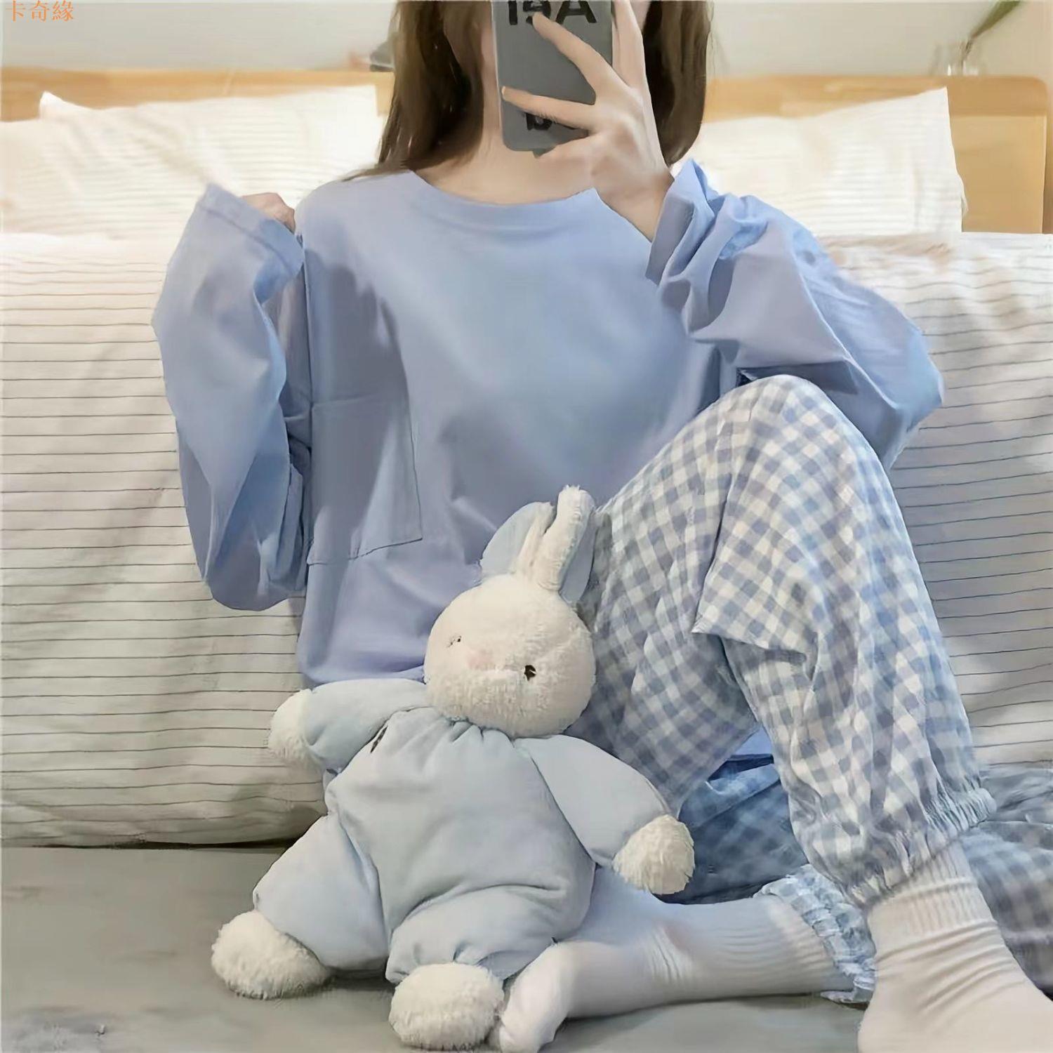 睡衣女新款ins日系格子簡約甜美網紅長袖花邊少女家居服兩件套裝
