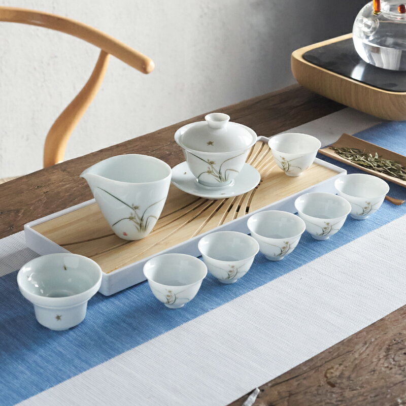 手繪白玉瓷 景德鎮陶瓷功夫茶具套裝整套家用蓋碗茶壺茶杯 禮品盒