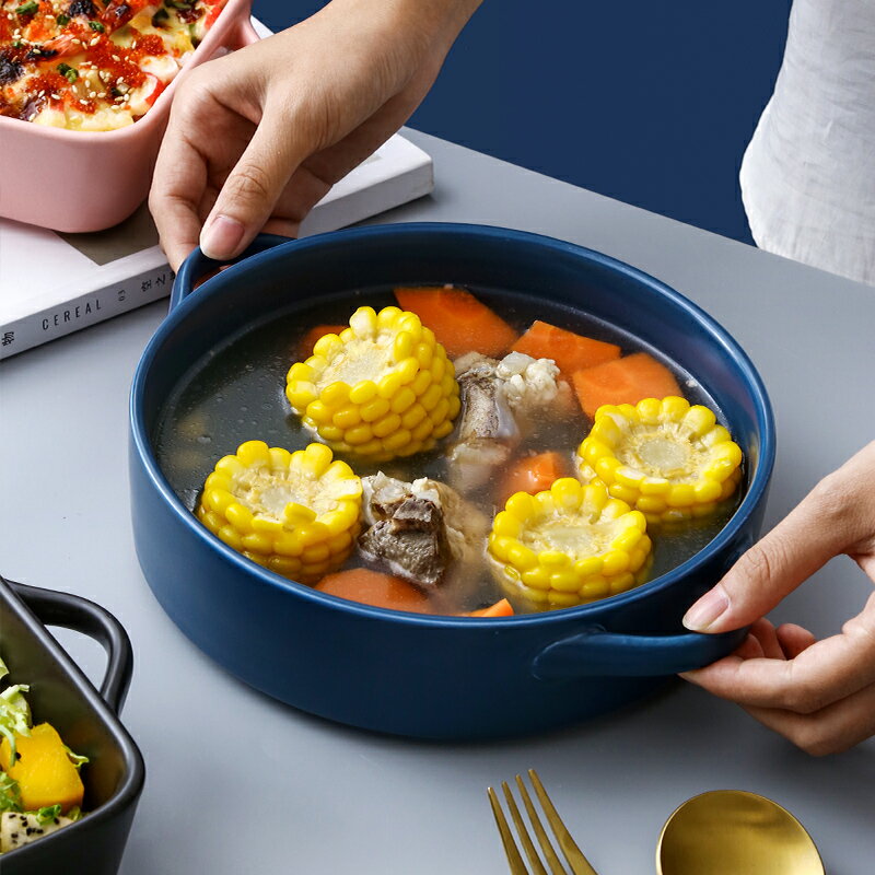 大號雙耳湯碗碗盤單個創意個性碗碟套裝餐具湯盤家用陶瓷面碗網紅