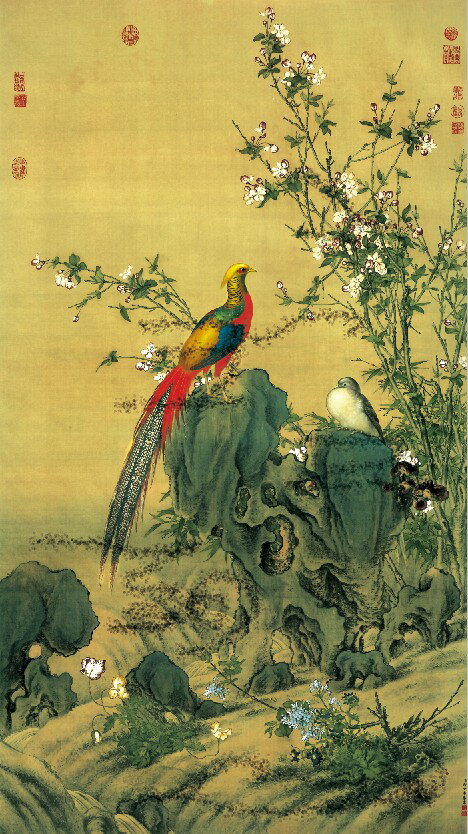 仿古畫名畫復製品郎世寧錦春圖國畫花鳥畫玄關裝飾畫名人字畫書畫