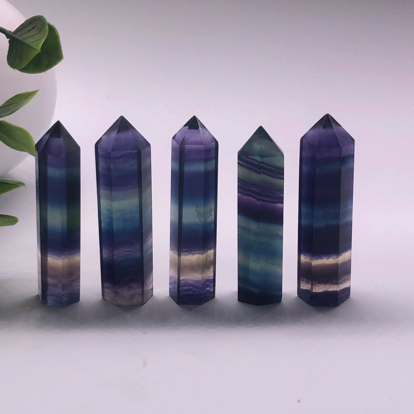 天然原石 擺件 綠螢石紫螢石六棱水晶柱七彩螢石柱擺件粉紫黃水晶