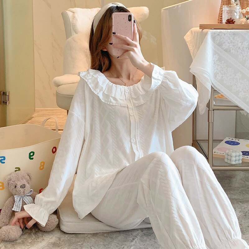 春秋薄款睡衣女棉質法式復古小香風簡約甜美舒適休閑家居服兩件套