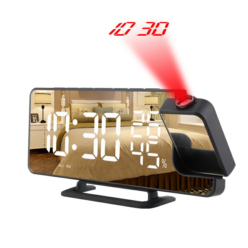 創意鏡面投影時鐘+收音機+溫濕度大屏LED顯示電子投影鬧鐘化妝鏡