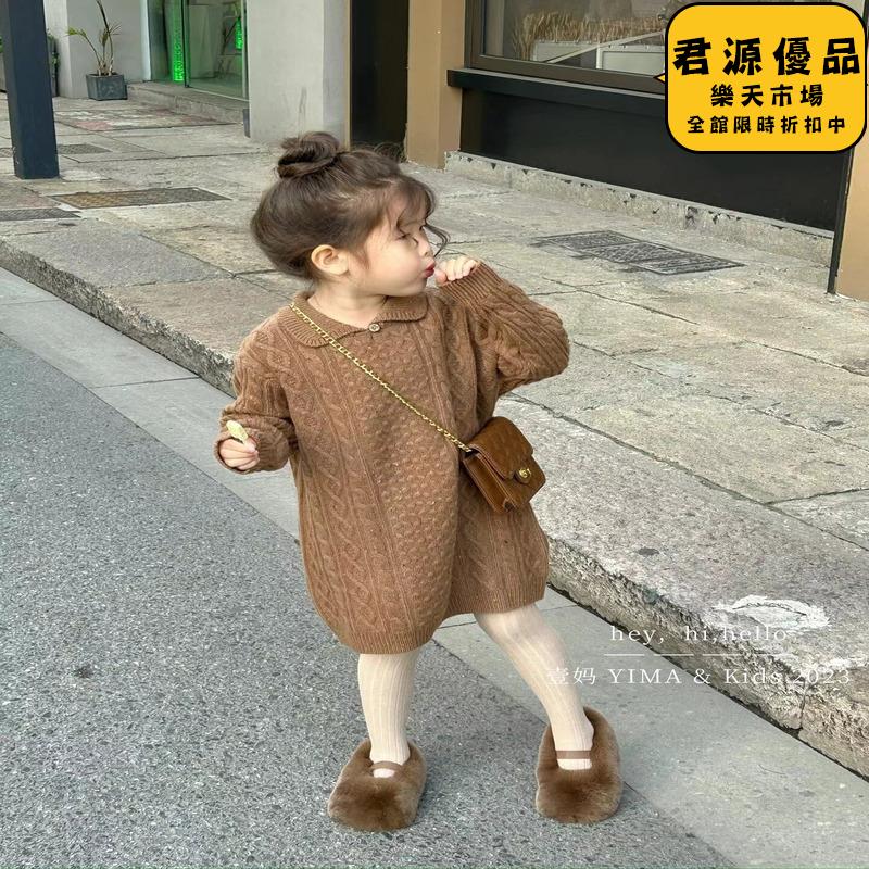 洋裝 女童洋裝 韓版童裝 女童連衣裙 春裝連衣裙 兒童洋氣翻領針織麻花毛衣裙 時髦寶寶裙子 連衣裙
