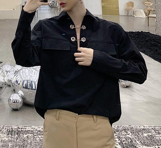 FINDSENSE 品牌 2019 春季 新款 純色 寬鬆 個性 社會 男青年 長袖 免燙 襯衫 暗黑 潮流