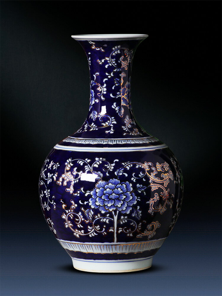 景德鎮陶瓷器手繪描金青花瓷花瓶插花中式輕奢客廳裝飾品擺件大號