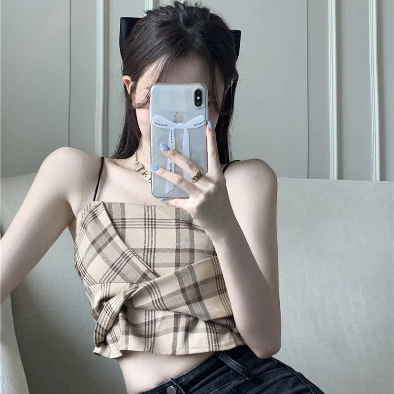 女士背心 小可愛 復古格紋小吊帶 女內搭背心 夏季設計感小眾背心 外穿甜辣妹上衣 無袖上衣 女生背心【不二雜貨】