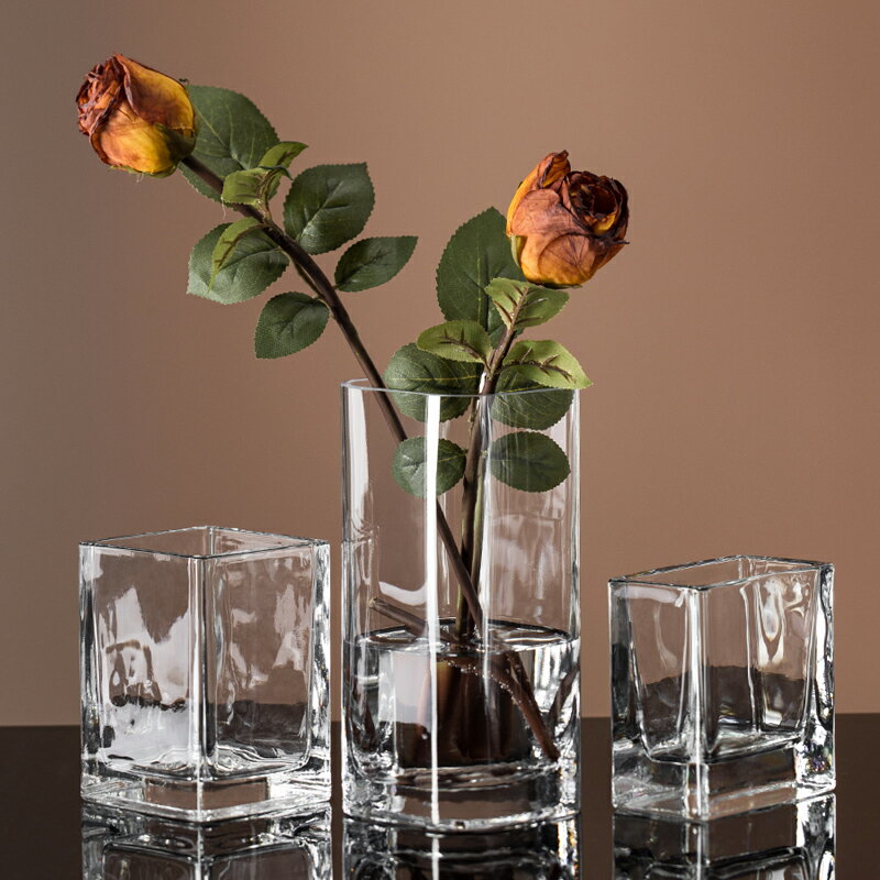 現代簡約創意花瓶透明玻璃方缸客廳辦公室餐桌裝飾玻璃花瓶擺設
