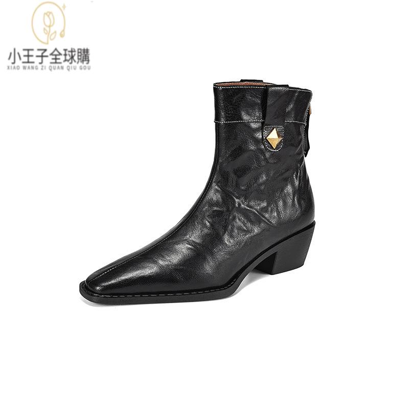 【公司現貨速發】免運 開發票 小短靴 堆堆靴 真皮女鞋 羊皮鞋 小皮鞋 樂福鞋裡外全頭層老錢風秋冬小方頭粗中跟後拉鏈軟面西部短靴 定製