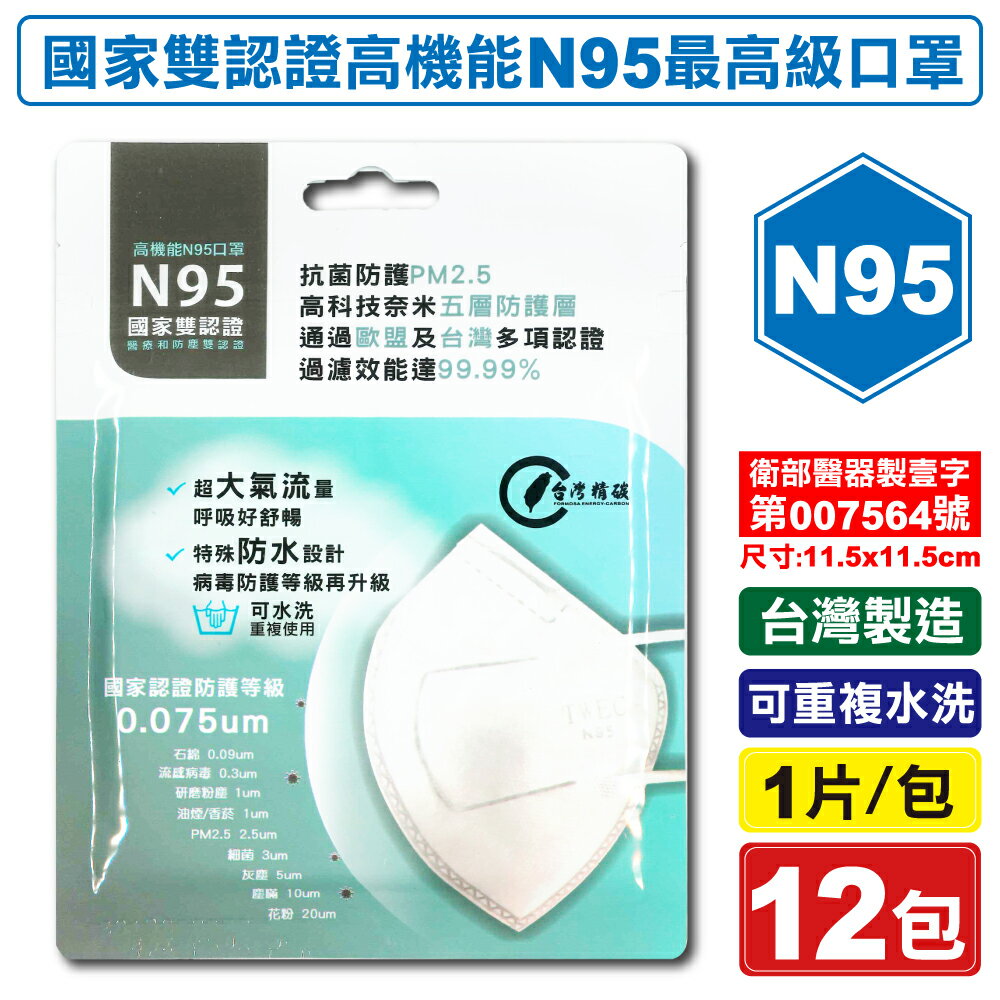 (平均單包$60)台灣精碳 N95醫用口罩 1入X12包 (國家認證 可水洗重複使用 台灣製) 專品藥局【2018538】