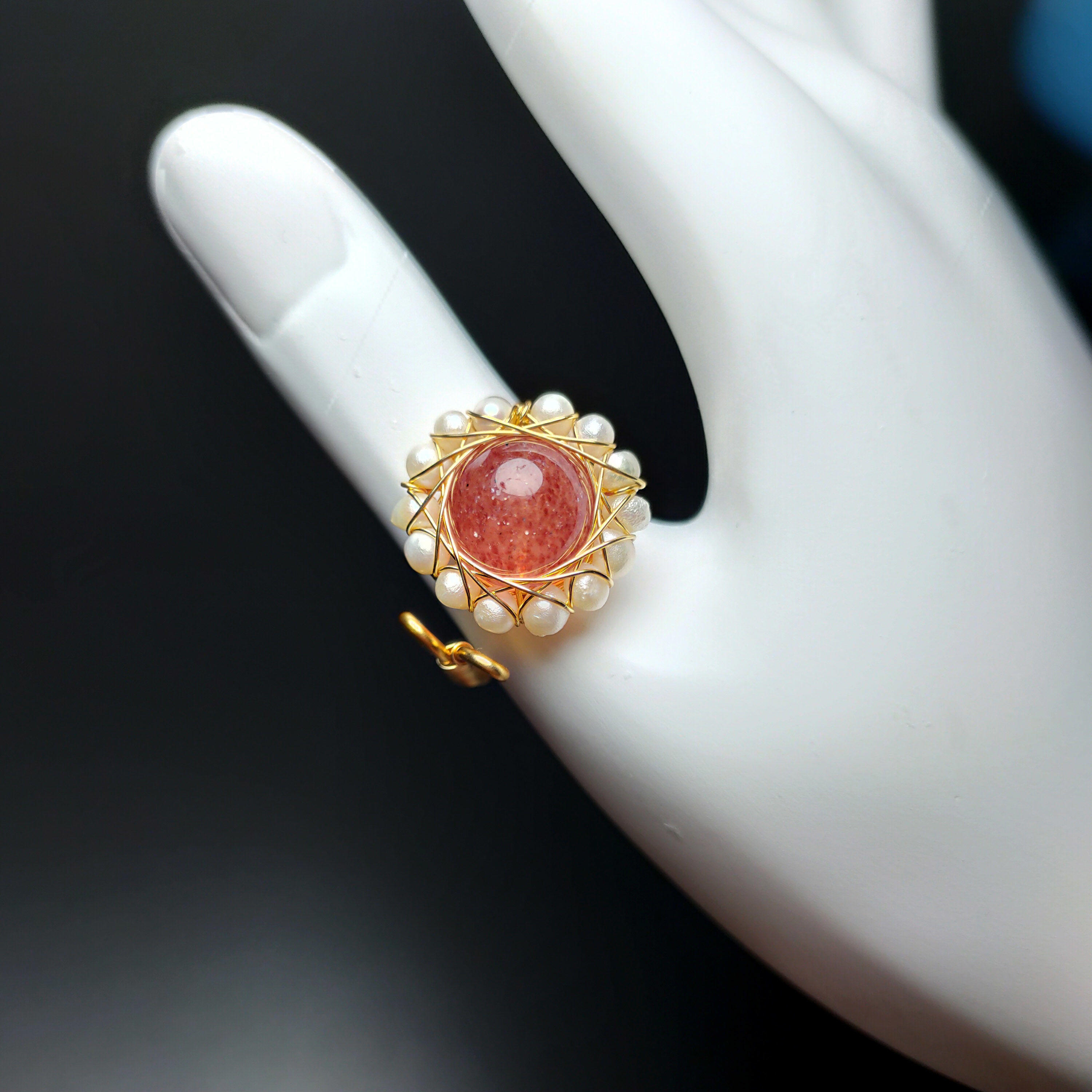 天然水晶草莓晶 淡水珍珠戒指14K包金手作可調節開口名媛輕奢仙氣