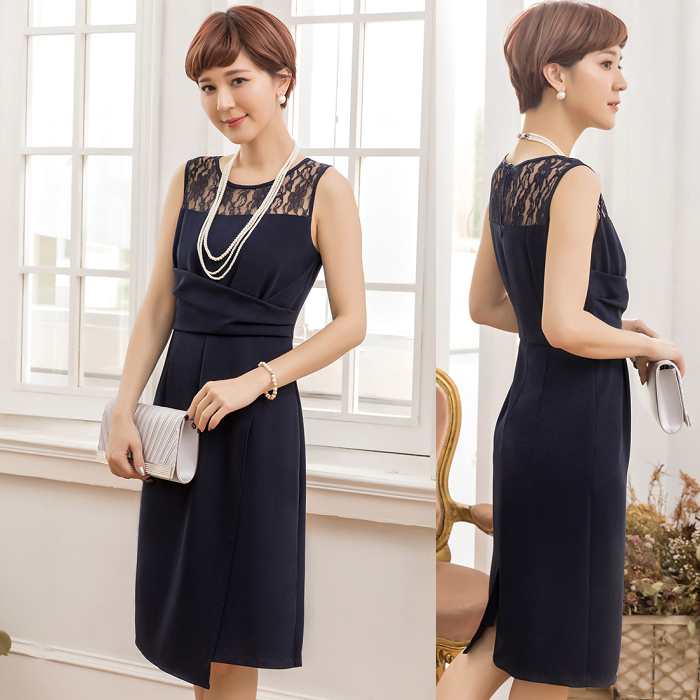 圓領胸前透膚蕾絲腰部交叉顯瘦中長款晚宴服[88192-S]灰姑娘