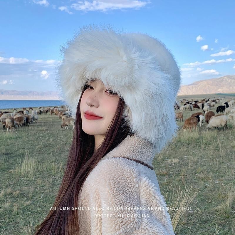 帽子女冬季 新款顯臉小加絨加厚保暖護耳帽 大頭圍毛茸茸皮草漁夫帽 冬季騎行防寒帽 防風護耳帽 韓系百搭甜美毛絨帽