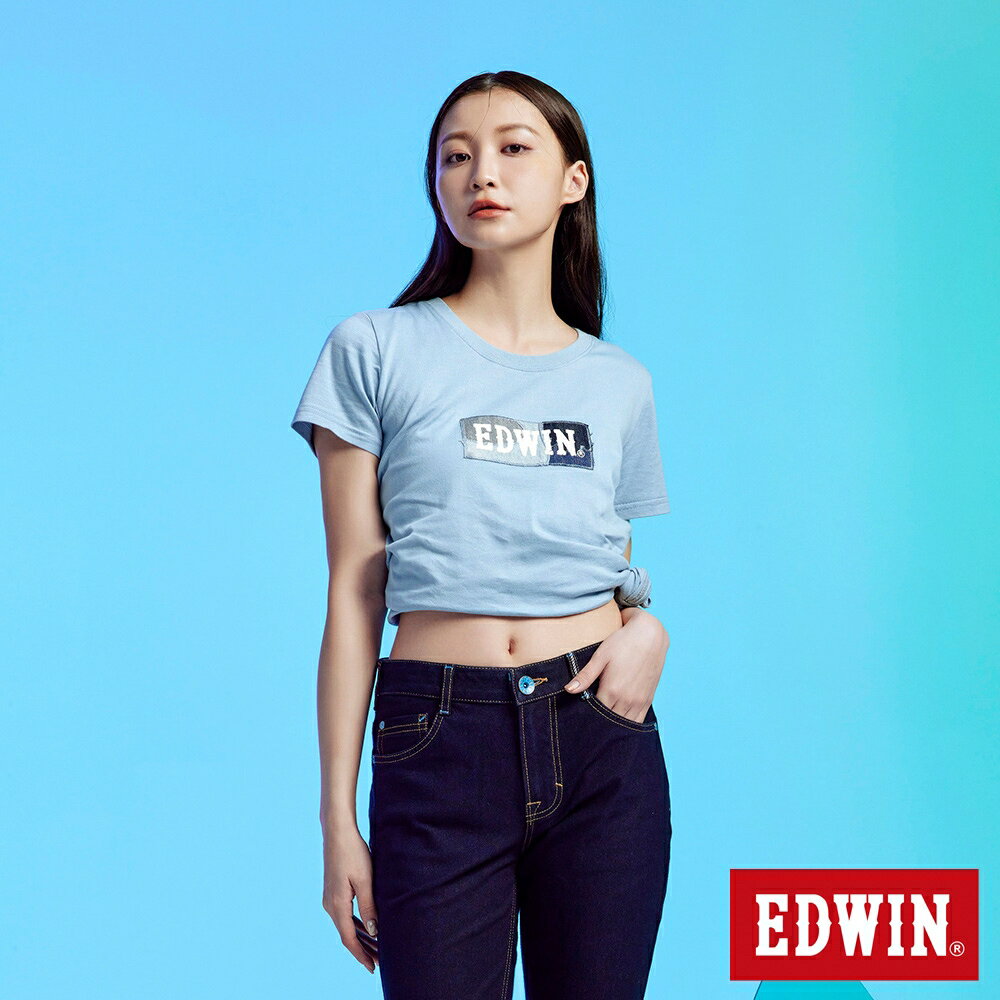 EDWIN 再生系列 CORE拼布 BOX LOGO短袖T恤-女款 淺藍色