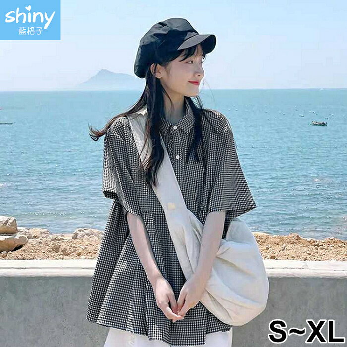 日系甜美．細格紋寬鬆娃娃衫上衣-shiny藍格子【V5230】