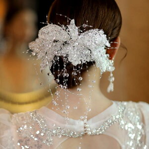 韓式手工蕾絲亮片復古新娘頭飾時尚簡約百搭水晶流蘇髮梳婚紗配飾