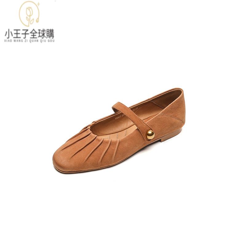 【公司現貨速發】免運 開發票 小短靴 堆堆靴 真皮女鞋 羊皮鞋 小皮鞋 樂福鞋大碼34-43一字帶瑪麗珍秋羊皮圓頭平底褶皺休閑舒適貝殼頭 定製
