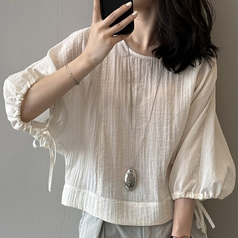 【米蘭精品】現貨+預購 法式寬鬆襯衫上衣七分袖罩衫T恤大碼休閒女裝-慵懶風女上衣2色74ma73