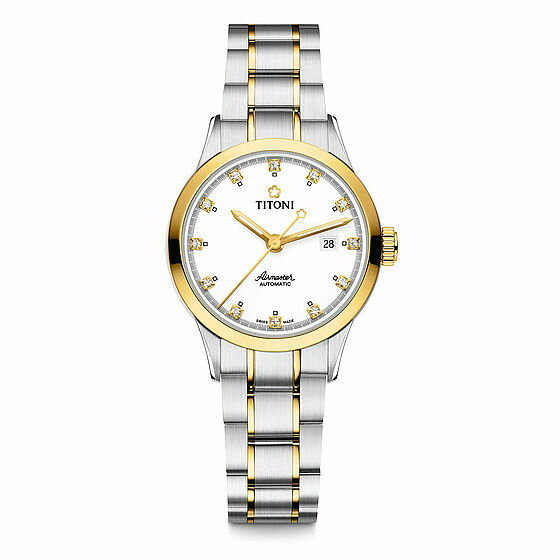 TITONI瑞士梅花錶空中霸王系列23733SY-556單鑽機械腕錶/金銀29mm