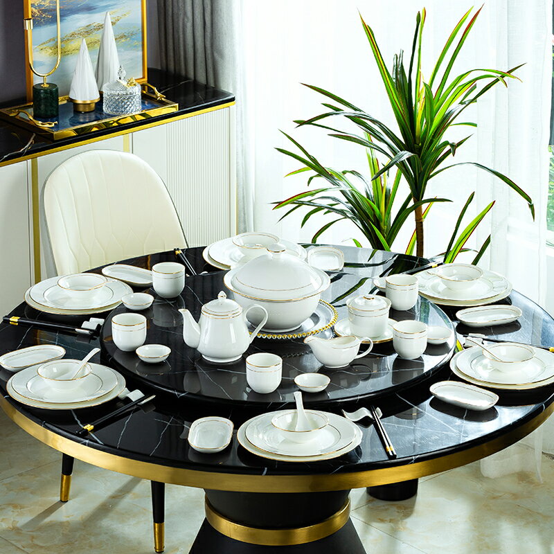 景德鎮骨瓷金邊中式酒店擺臺餐具套裝圓桌樣板房會所包廂陶瓷碗盤