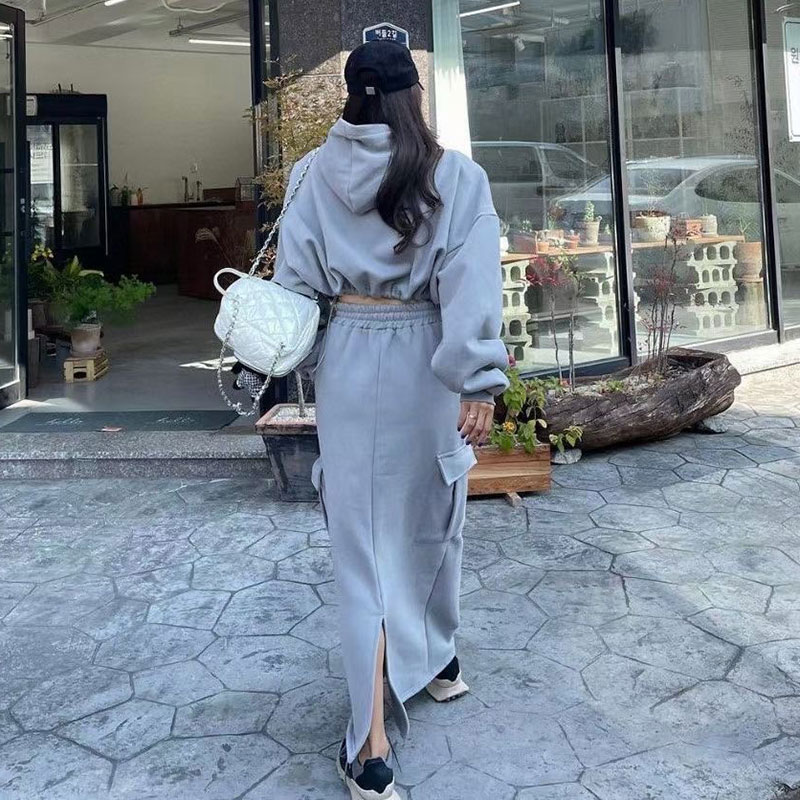 ANNAS 正韓刷毛工作裙套裝 連帽刷毛T 刷毛口袋長裙 休閒潮流字母印花 韓國 5