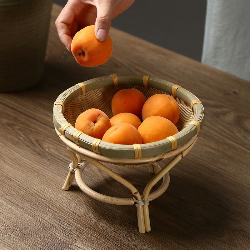 手工竹編制品水果籃 收納筐茶點零食盤 家用帶腳創意托盤小擺件
