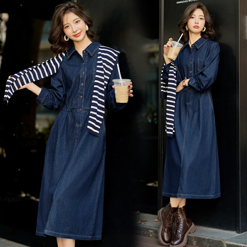 【巴黎精品】現貨+預購 韓風牛仔洋裝牛仔長裙丹寧套裝大碼休閒女裝-長袖港風條紋牛仔連身裙a1ln40