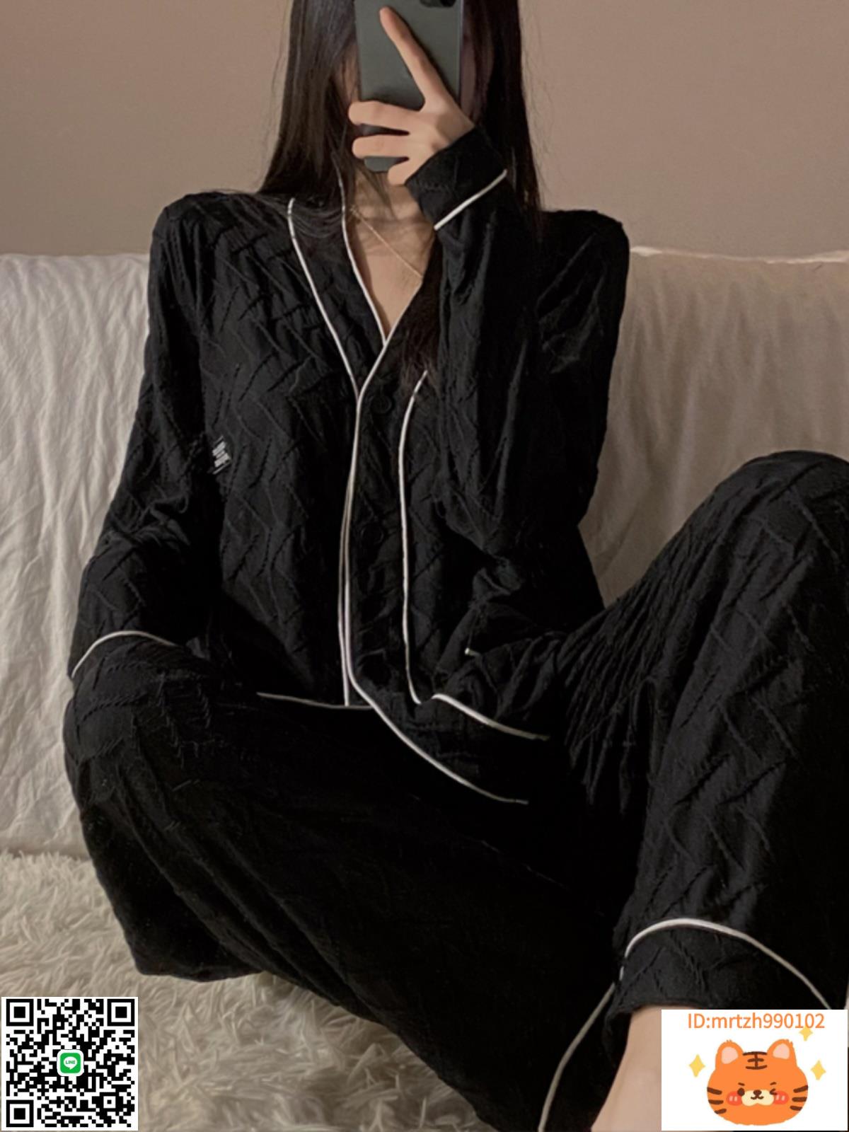 日本代購GP睡衣女秋季純棉長袖黑色開衫提花家居服套裝可外穿春秋-時尚精品