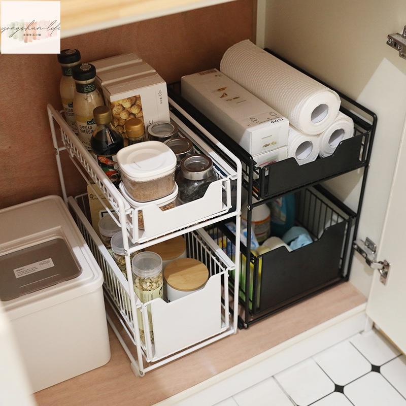 下水槽置物架可抽拉帶抽屜調料架櫥櫃內分層雙層收納架用品收納