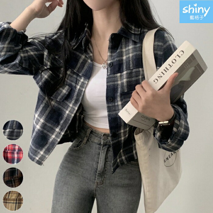 暖和春氛．復古格紋假口袋短版長袖襯衫-shiny藍格子【V5058】
