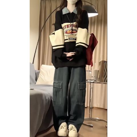 衛衣polo領半拉鏈長袖女大碼拼色寬松復古情侶時尚百搭外套春秋新款