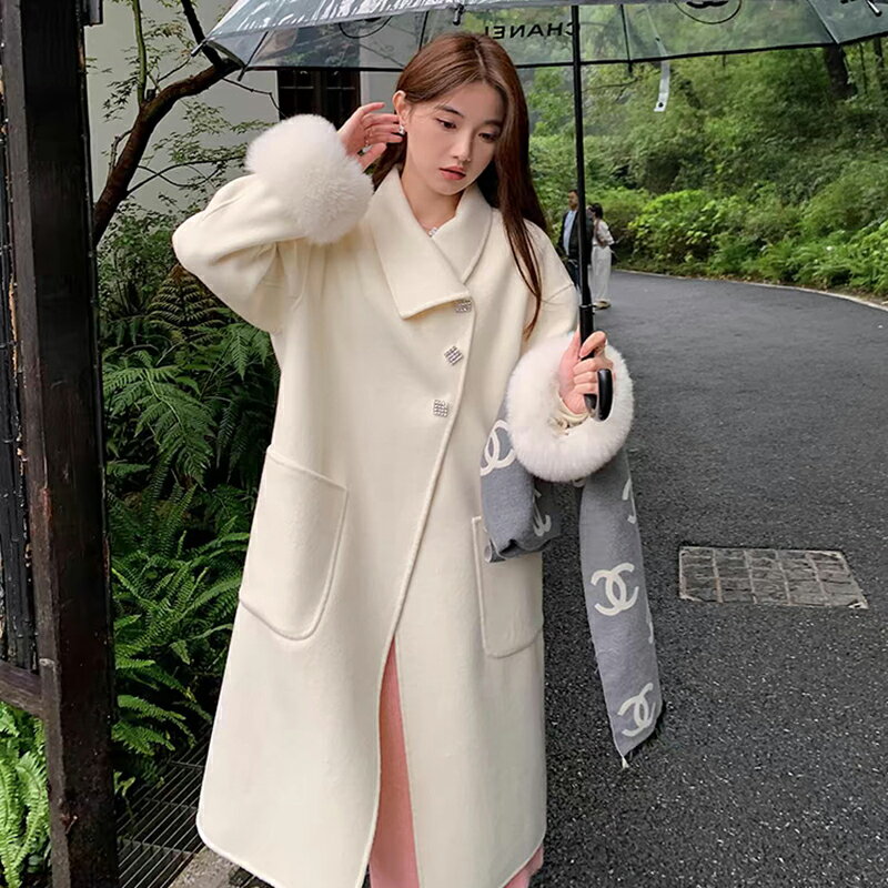 【巴黎精品】羊毛大衣毛呢外套-狐狸毛袖綁帶氣質鑲鑽釦長版女外套2色a1ik46