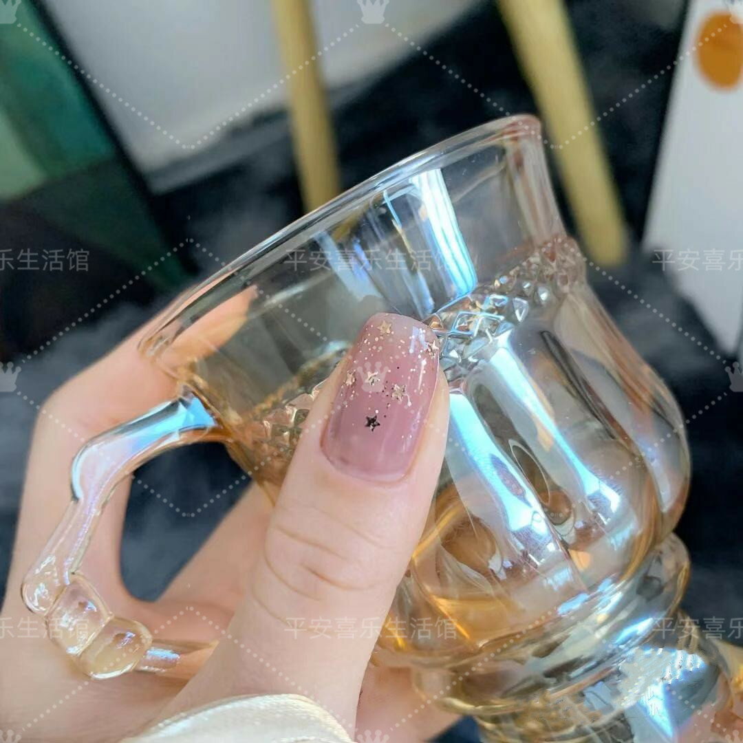 網紅美甲手拿拍照玻璃杯復古帶把手持小水杯法式咖啡杯奶茶杯冷飲