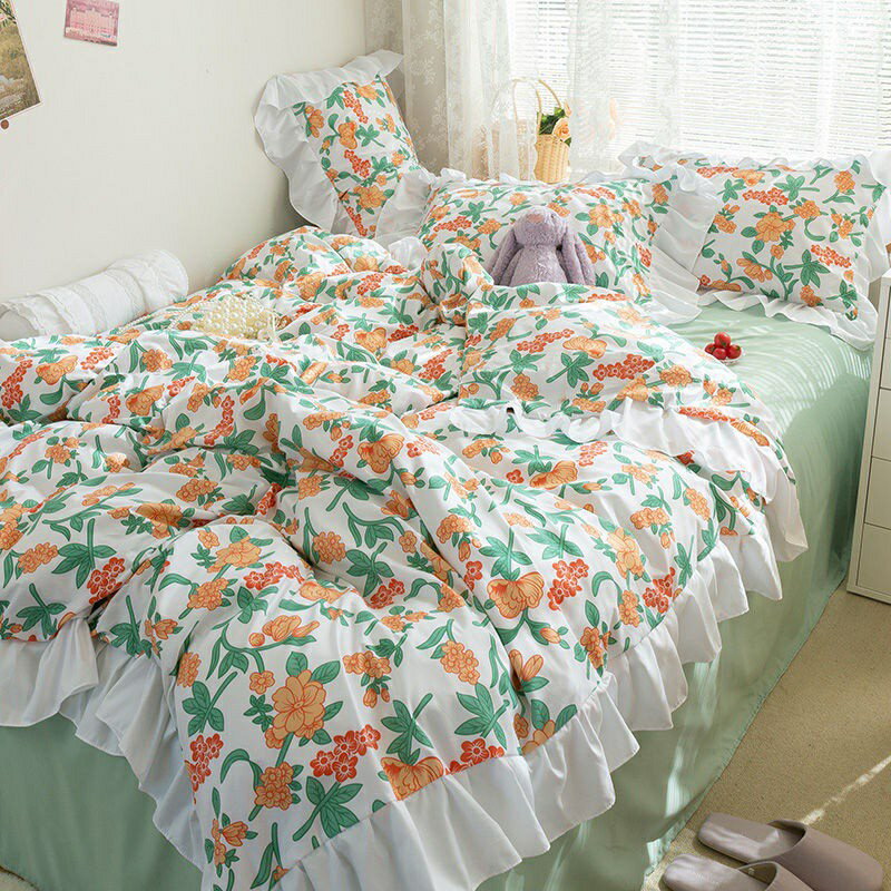 MISS LUNA 純棉絲柔棉床包雙人床單 床包四件組被套單人床包雙人床單韓系橘色小碎花香四件套小清新花邊三件式