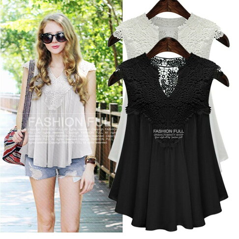 中大尺碼女裝 歐美寬鬆百搭蕾絲雪紡衫 雪紡上衣 無袖上衣 櫻桃嚴選胖MM都可以穿 0