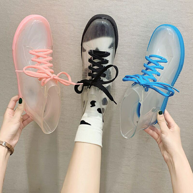 透明可愛成人短筒雨鞋女防水鞋防滑膠鞋套鞋韓國休閒時尚款外穿雨靴~米拉
