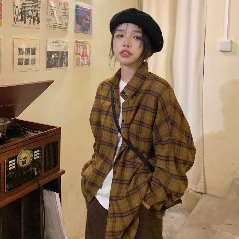 格子襯衫 女上衣 女裝 衣服 寬鬆上衣 格子襯衫女春夏秋新款韓版時尚少女小個子復古長袖襯衣休閒外套 0