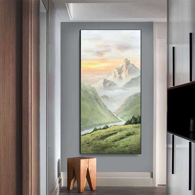 原創手繪山水風景客廳裝飾畫北歐清新綠肌理玄關走廊掛畫小鹿油畫