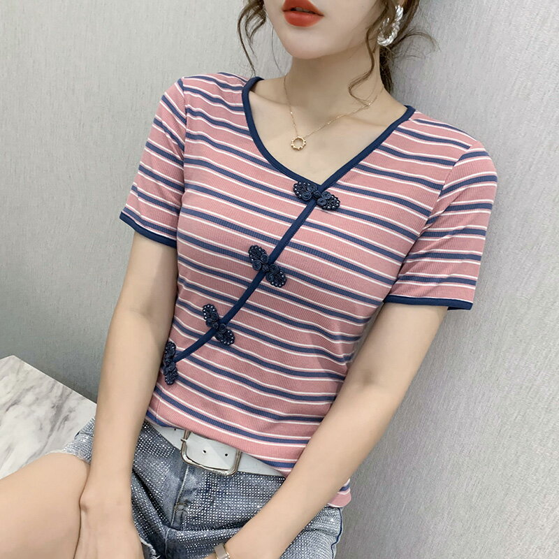 短款條紋t桖女短袖新款夏季網紅超火中國風盤扣修身上衣ins潮