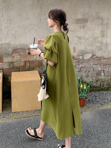 綠色連身裙女夏復古氣質慵懶風寬松直筒開叉過膝長裙