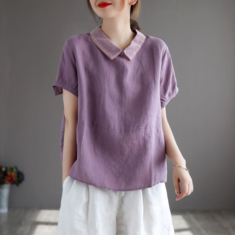 棉麻上衣復古純色短袖t恤藝女夏季薄款寬松顯瘦娃娃領上衣【淘夢屋】